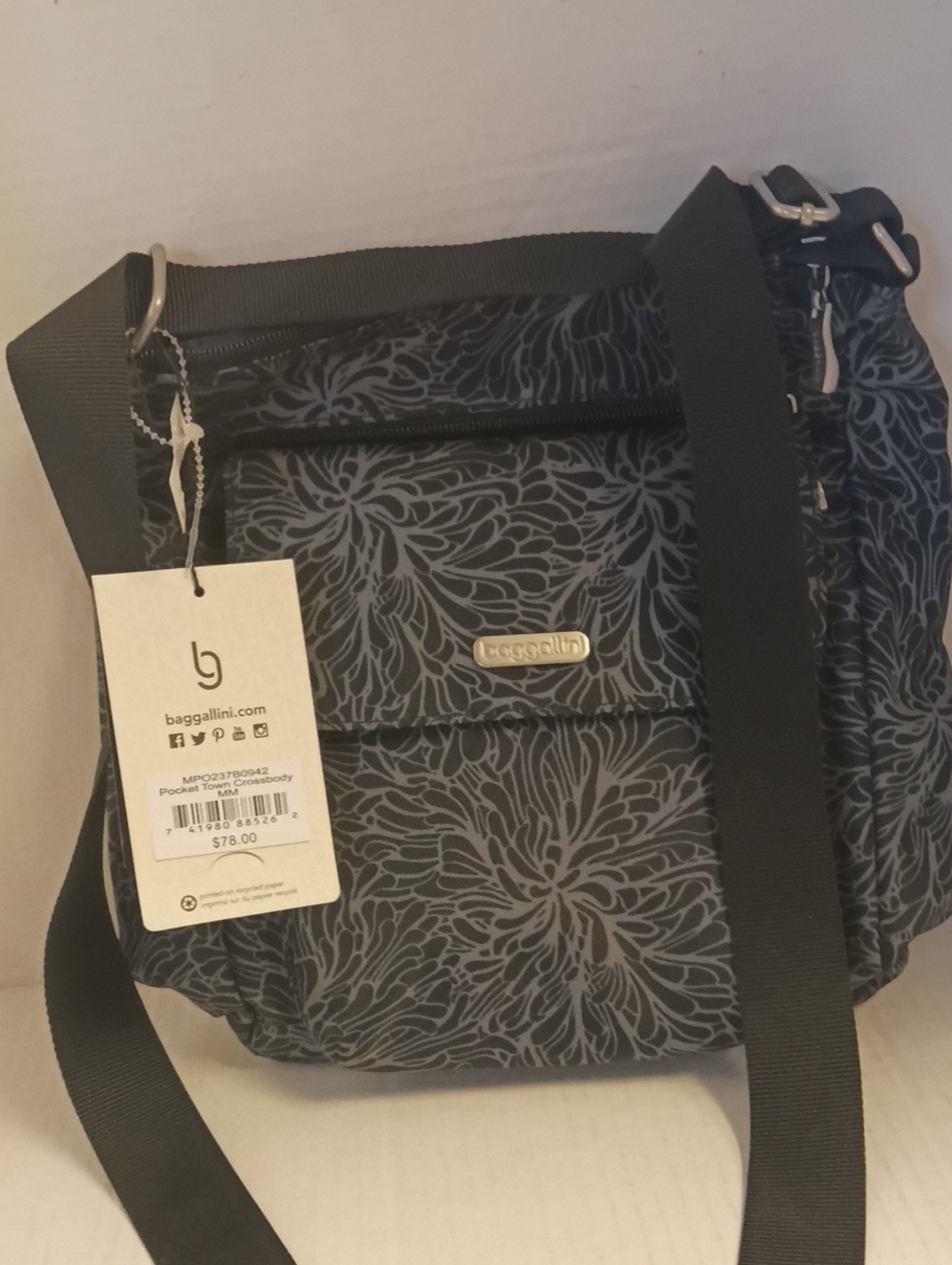 Baggallini Black Floral-Print Crossbody Or Shoulder Bag, New With Tags $78